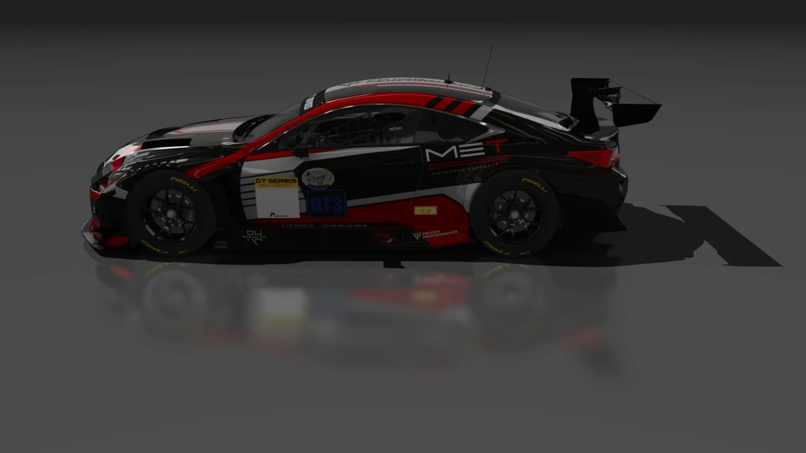 Seitenansicht des Lexus RC F GT3 in der schwarz-roten MET-Lackierung